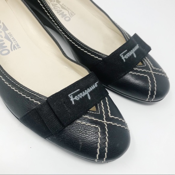 Ferragamo Black Ballet Flats Bow Stitching 6 B 6B - Picture 6 of 13